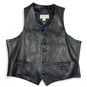 Vintage Continental Leather Fashions Black Leather Vest Made USA Size 46